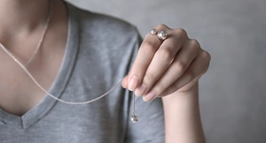 Minimalist S925 sterling silver ball open ring and long chain necklace on model