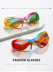 Detail of trendy cat-eye sunglasses with rainbow gradient frames and pastel lenses