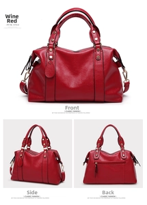 Three-view layout of burgundy litchi texture boston bag with metal rivets and strap