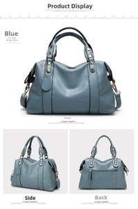Detailed views of a blue lychee pattern faux leather Boston bag with metal rivets