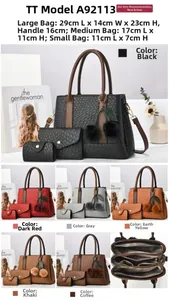 Detail view of 3-piece crocodile embossed tote set with plush ball and inner compartments