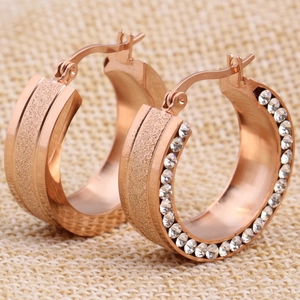 8mm rose gold stainless steel hoop earrings with frosted finish and cubic zirconia