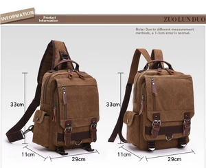 Vista dettagliata dello zaino in tela caffè con cinturini in pelle e misure 33x29x11cm