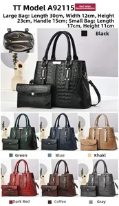 Detail view of crocodile pattern faux leather tote bag set with size dimensions in seven colors