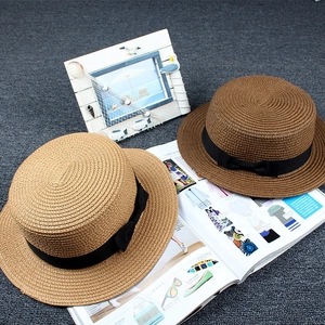 Summer flat top straw boater hats with black ribbon bow in brown and coffee colors
