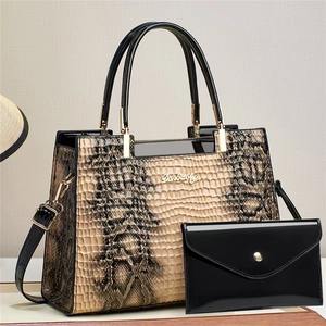 Ensemble sac à main pour femme motif serpent et portefeuille en cuir verni noir
