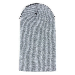 Detail shot of grey striped knit beanie showing thick texture and ribbed design