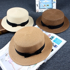 Women Retro Flat Top Straw Boater Hat With Bow Ribbon Wide Brim Summer Sun Protection Breathable Foldable Beach Travel Hat