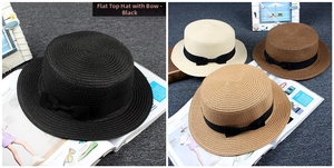 Detailed grid texture of various colored boater hats with black ribbon bow decoration