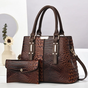 Dark brown faux crocodile tote bag and matching pouch set with luxury gold hardware
