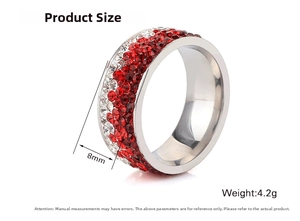 Detail shot of 8mm wide stainless steel ring with red and clear rhinestones weighing 4.2g