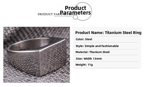 Detail view of 13mm wide square stainless steel signet ring with weight and size specs