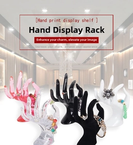 Detailed display of OK-hand shaped jewelry stands in five colors for rings and bracelets