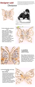 Macro detail of butterfly brooch showing premium rhinestones and secure locking pin