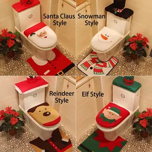 Christmas Bathroom Toilet Seat Cover Tank Lid Cover And Floor Mat Brushed Fabric Santa Snowman Reindeer Elf Decorative