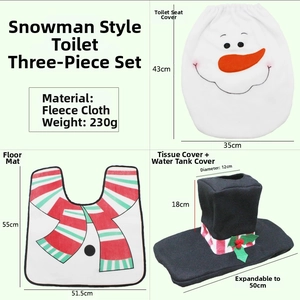 Detail showing soft snowman themed Christmas toilet seat cover and rug set components