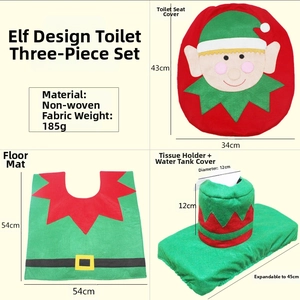 Three-piece elf toilet set with dimensions of mat, lid cover and tissue box holder