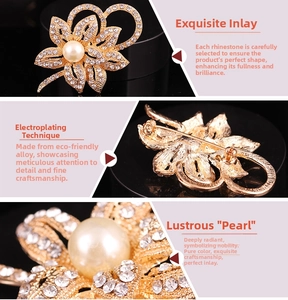 Detailed views of flower brooch showing crystal petals, pearl center, and pin clasp