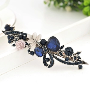 Vintage hair clip with blue crystals and pink roses on decorative alloy base