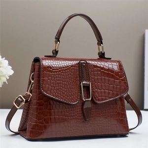 Close-up of brown crocodile pattern handbag with golden metal buckle and texture details