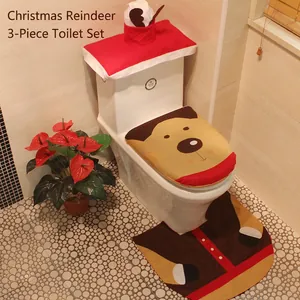 Three-piece festive Christmas reindeer toilet seat cover set with matching rug and tank lid