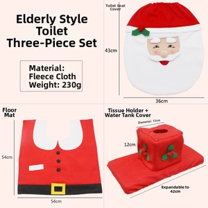 Detailed view of 3-piece Santa toilet seat cover set with dimensions and soft brushed fabric