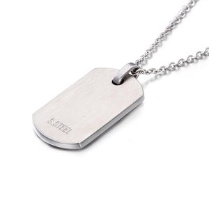 Polished stainless steel military dog tag necklace with brushed metal finish on white background