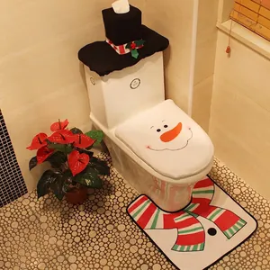 Christmas snowman themed 3-piece toilet cover set with tank lid and striped floor mat
