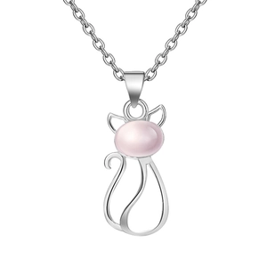 Minimalist silver cat pendant necklace with pink cat eye stone on white background