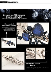 Macro detail of vintage silver hair clip with blue rhinestones and floral inlay