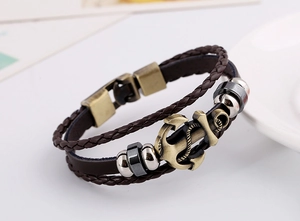 Vintage multilayer dark brown leather bracelet for men featuring a bronze anchor charm