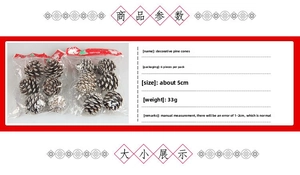Close-up of 6 natural pine cones for Christmas decor, 5cm each with festive card