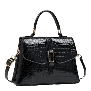 Elegant black faux crocodile leather handbag with glossy finish and gold buckle hardware