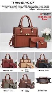 Vue détaillée de l'ensemble de 3 sacs avec dimensions du cabas et de la pochette