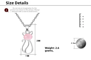 Detailed size view of silver cat pendant necklace with pink rose quartz stone