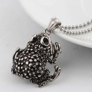 316L stainless steel frog pendant necklace with a vintage silver finish on bead chain