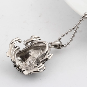 316L stainless steel toad pendant with bead chain shown from a detailed back view angle