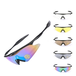 Detail view of tactical sport sunglasses with five interchangeable UV400 protective lenses