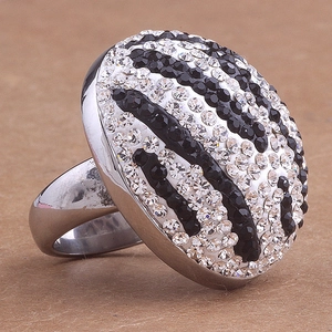 316L stainless steel dome ring with zebra pattern black and white crystal rhinestones