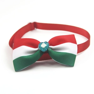 Detail of red white and green ribbon pet bowtie collar with blue glitter heart charm