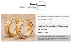 Detail of 8mm gold-plated stainless steel frosted hoop earrings with white crystals