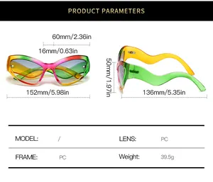 Detailed sizing chart and specifications for cat-eye sunglasses with PC frame measurements