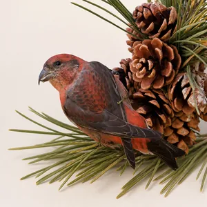 Détail d'un oiseau sur des branches de pin avec pommes de pin pour décor DIY
