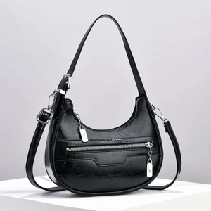 Women PU Leather Crescent Hobo Bag Underarm Shoulder And Crossbody Purse With Front Zipper Pocket Retro Street Style
