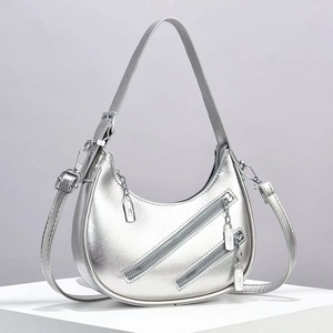 Fashion silver crescent moon hobo bag with zipper design and adjustable shoulder strap
