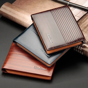 Fuerdanni men's bifold wallets in dark brown, blue, and light brown with wood grain texture