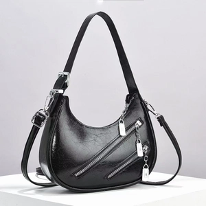Women PU Leather Half Moon Hobo Shoulder Bag Chic Urban Versatile Large Capacity Zipper Design Silver Chain