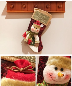 Close-up of plush 3D snowman detail and Merry Christmas embroidery on a red festive sock