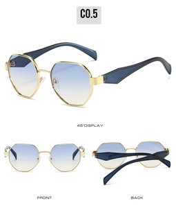 Polygonal gold metal sunglasses with blue-yellow gradient lenses in multiple views