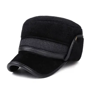 Men Winter Cadet Cap Flat Top Hat Faux Fur Thick Warm Ear Protection Windproof Outdoor Military Style